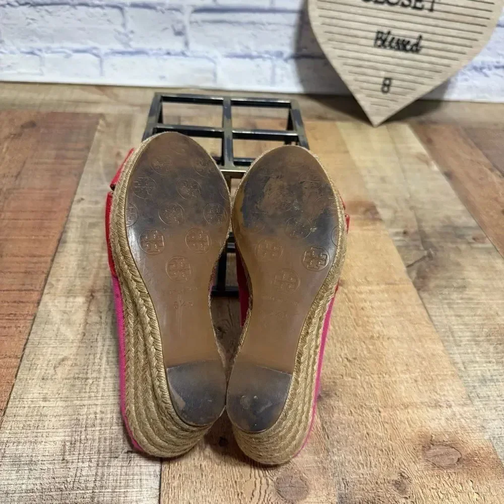 Tory Burch Filipa Colorblock Espadrilles Pink Red Wedge Heel Size